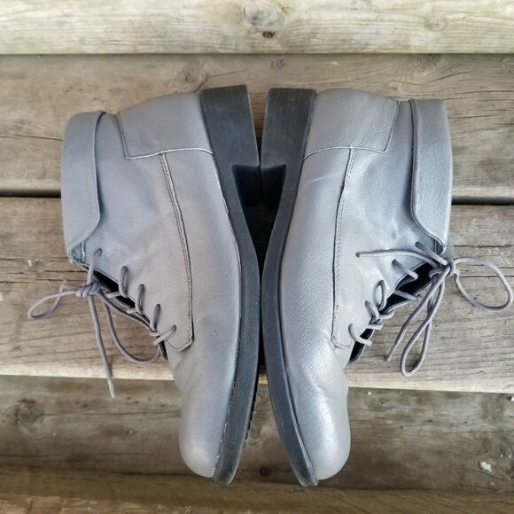 Vintage 90s y2k Steampunk Granny Punk Gray Leather Lace-up Heeled Boots Booties - Picture 2 of 10